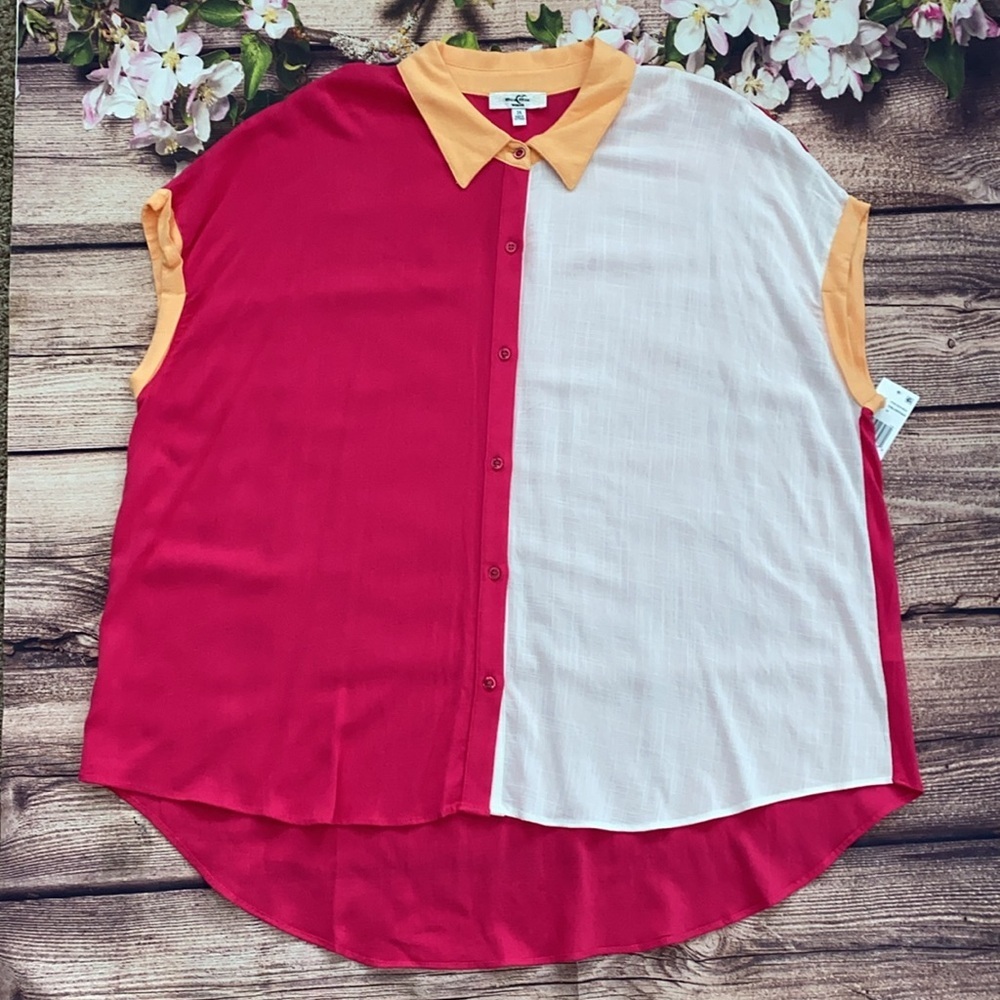 New Moa USA Plus Size Colorblock Button-Up Blouse 3X